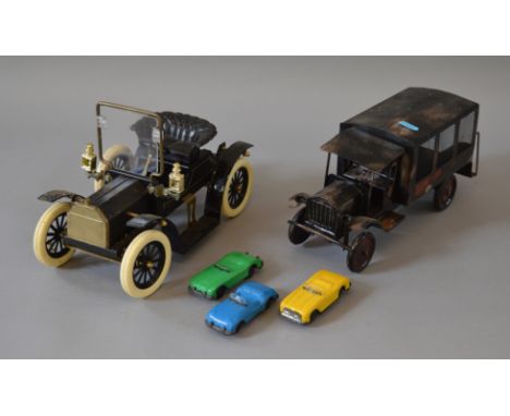 Three Linemar (Marx) tinplate sports cars. Together with two reproduction tinplate vehicles, one a hand made 1:13 scale Georg