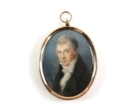 19th century portrait miniature depicting a gentleman with greying hair wearing a cravat, painted on ivory, plaited hair back