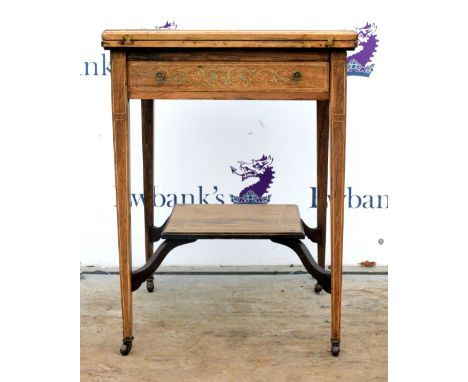 Early 20th century rosewood envelope card table with marquetry inlaid decoration and a single drawer on square tapered suppor