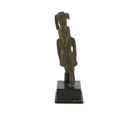 Fragmentary bronze figure of Nefertum wearing the shendyt kilt and the lotus crown, late period circa 664-525 BC, 12cm high,P