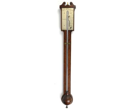 George III inlaid mahogany and cross banded stick barometer, by H. Pyefinch, London, with engraved silvered register plate re