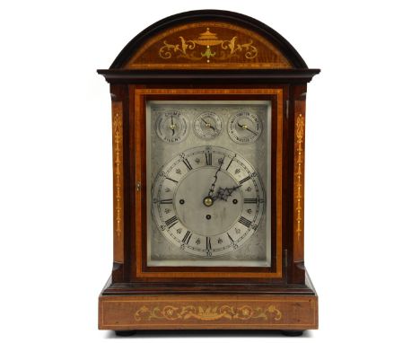 Early 20th century mahogany cased bracket clock with marquetry inlaid decoration, triple fusee movement, the silvered dial wi