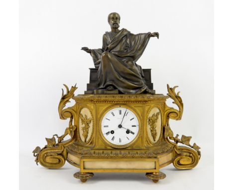 French cast metal mantel clock, white enamel dial with Roman numerals signed Leroy a Paris, the case with seated robed male f