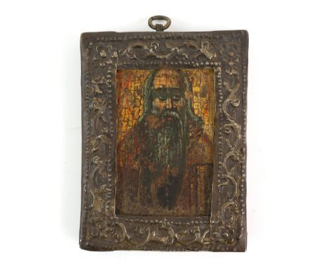18th/19th century icon depicting a saint with long beard, on wooden panel in embossed metal mount, 8cm x 6cm,              