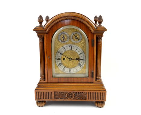 19th century walnut cased bracket clock, silvered chapter ring with Roman hour numerals and Arabic minutes on intricately eng