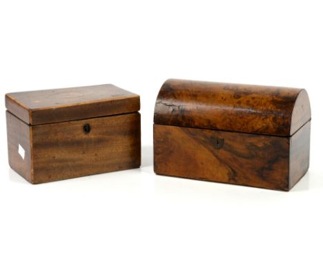 19th century walnut dome topped tea caddy, relined interior, H14 x W22 x D12.5cm, together with an inlaid tea caddy with shel