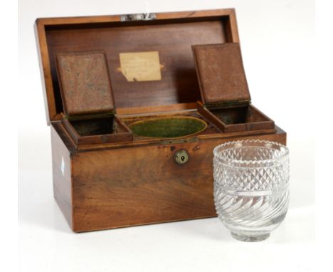 19th century mahogany tea caddy with twin caddies and central glass bowl, 30cm wide, along with letters relating to the origi