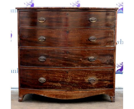 19th century mahogany bow fronted chest of four long graduated drawers on splayed bracket feet. 109W x 105H x 62D (cm)       