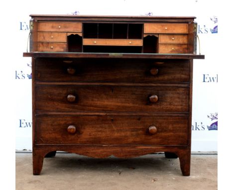 19th century mahogany secretaire chest, with secretaire revealing fitted interior above three graduating drawers on bracket f