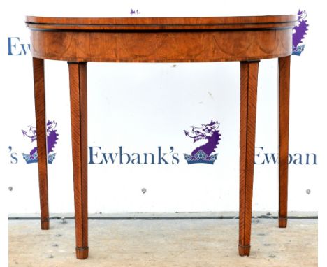 George III demi-lune folding card table the figured mahogany top with crossbanded rosewood, boxwood and ebony and with marque