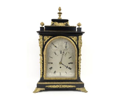18th / 19th century ebonised and gilt metal mounted bracket clock, with triple fusee movement, the arched silvered dial with 