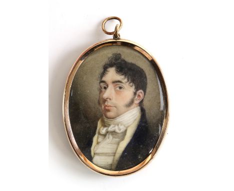 19th century portrait miniature depicting a gentleman with dark hair wearing a cravat, painted on ivory, plaited hair back, 6