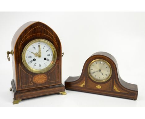 Early 20th century inlaid rosewood mantel clock of lancet form, white enamel dial with Roman hour numerals and Arabic minutes