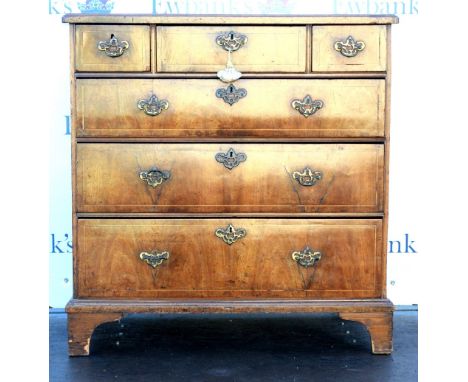 18th century walnut chest of three short over three long line inlaid drawers, converted from the top section of a chest-on-ch