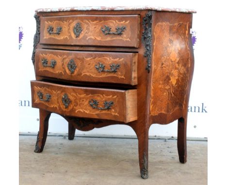 20th century French kingwood and marquetry inlaid brass metal mounted bombe commode, the serpentine marble top above three lo