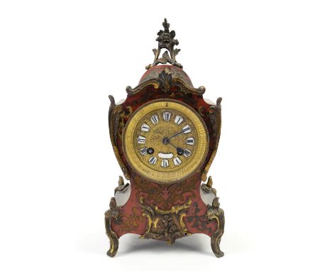 Late 19th century French Boulle work eight day mantel clock, with enamel Roman numeral plaques, brass drum movement striking 