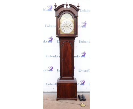 20th century mahogany eight-day longcase clock with twin-train movement, the silvered dial with Arabic and Roman numerals, mo