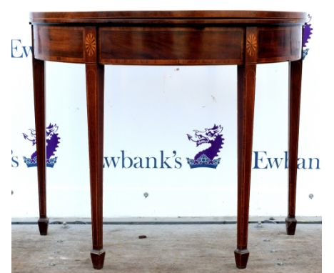 19th century mahogany crossbanded and line inlaid demi-lune card table with folding top, raised on square tapered legs with s