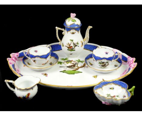 Herend cabaret service, comprising teapot with rose finial decorated with birds and insects, h16cm, two cups and saucers, cre