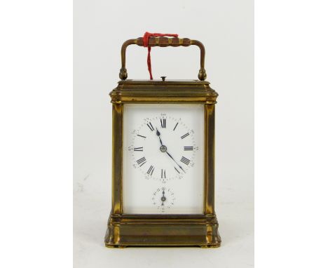 Late 19th century French brass gorge cased repeating carriage clock with alarm by Henri Jacot, Paris, the case with bevelled 