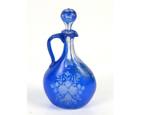 19th century blue flash glass Gin decanter with stopper, h24cm       Chips to base of stopper.Blue overlay is worn to the fro