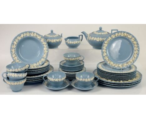 Wedgwood Etruria Embossed Queens Ware Part Tea and Dinner Service in blue and white, comprising 6 trios of cup, saucer and ca