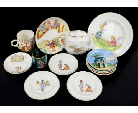 Kate Greenaway ceramics; four circular shallow dishes manufactured by Henry Dreydel &amp; Co and other children's tea set ite