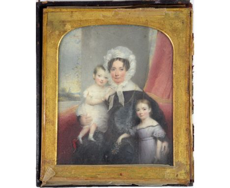 Thomas Hargreaves (1775-1846) family portrait of a mother with her two children, painted on ivory,signed on the backing and d