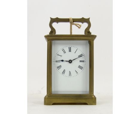 French brass corniche cased carriage timepiece, white enamel dial with Roman numerals, single train movement, H.10.5cm       