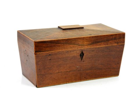 19th century rosewood and boxwood bordered tea caddy of sarcophagus form 31W x 17D x 15.5H together with a sterling silver Me