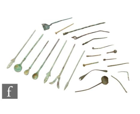 Roman - A collection of small spoons, possibly physician's, and hair pins and cosmetic tools. (qty)