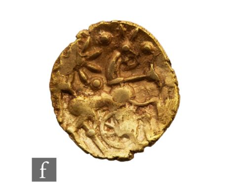 Celtic - A quarter gold stater Atrebates Selsey Dahlia, no mane type, circa 50BC, spoked wheel, collar around horse's neck an
