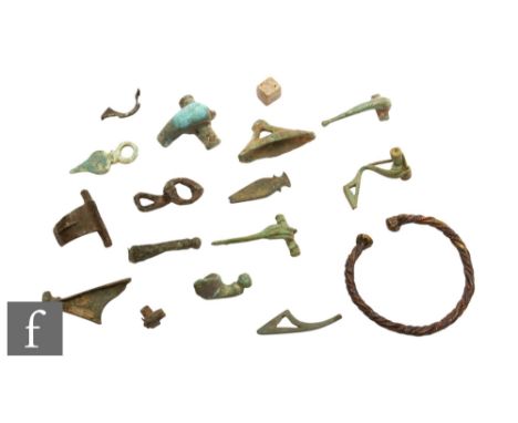 Celtic/Roman - A bronze woad grinder, width 4cm, a toggle or fastener, a lead dice, two cosmetic tools or tweezers, various s
