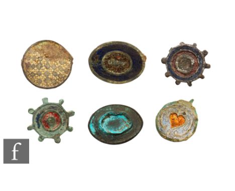 Roman - A collection of six disc brooches retaining enamel detail one of micro mosaic design and another with heart detail. (