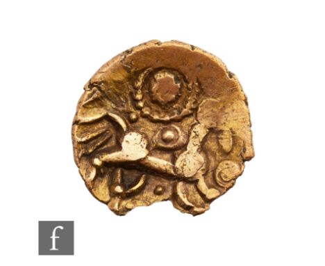 Celtic Dobunni (25BC-25AD) - An Iron Age gold quarter stater Corio, three tailed horse, pelletal sun and wheel, Cor feint on 
