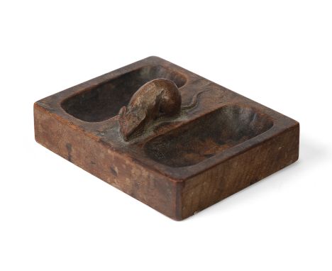 Robert Mouseman Thompson (1876-1955) Double pin tray or dish, circa 1930s  Oak  Carved mouse  12.6cm x 10cm x 2.5cm  