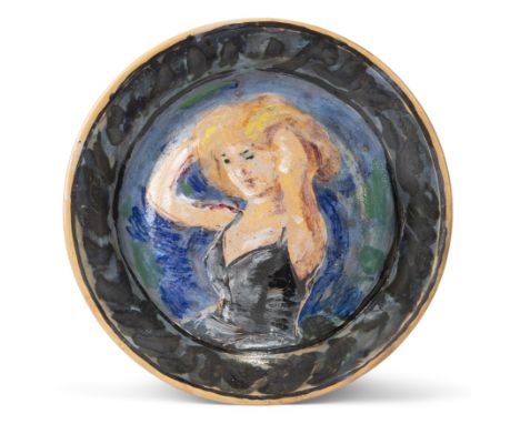 Quentin Bell (1910-1996) for Fulham Pottery   Hand-painted plate depicting portrait of a female in black dress  Earthenware  