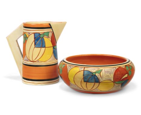Clarice Cliff (1899-1972) for Wilkinson Pottery Melon pattern jug and bowl from the 'Fantasque' range, circa 1932  Glazed ear