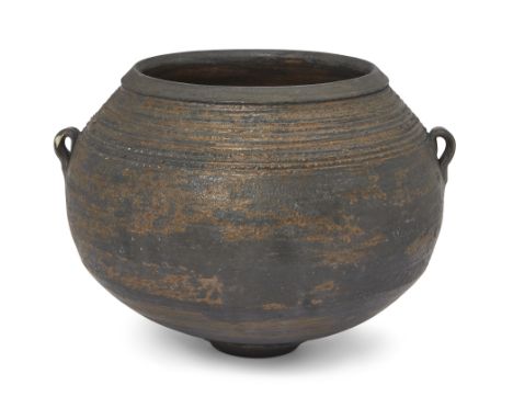 Jason Wason (b.1946) Studio pottery dark bronzed vessel with lugs and incised bands to upper  Raku fired stoneware  Impressed