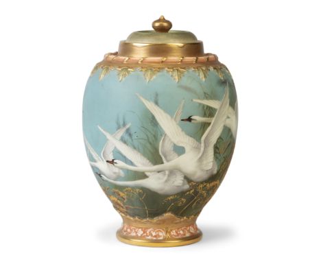 Royal Worcester and CHC Baldwyn Vase and cover decorated with flying swans, 1899  Porcelain  Underside printed factory mark, 