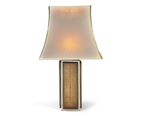 Italian Table lamp, circa 1970  Perspex, rattan, chromed metal, brass, fabric shade  70cm high, 80cm high including shade