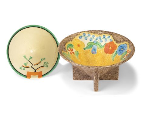 Clarice Cliff for Newport Pottery 'Ravel' pattern conical bowl, and another conical bowl painted with polychrome flowers on a