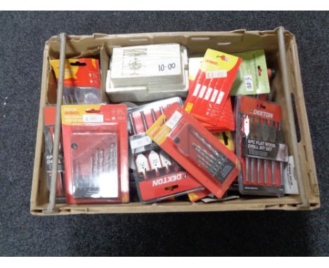 A crate of new tools, drill bits, nail punches, padlocks etc 