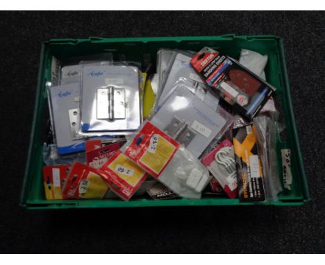 A crate of tools, sanding sheets, door hinges, LED inspection mirror, bungee cord etc 