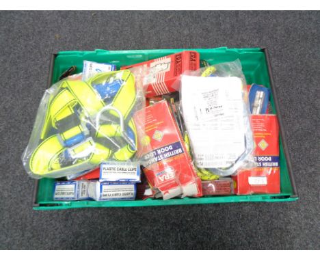 A crate of tools, safety harness, chisel set, cable clips, wire brush, door locks etc 