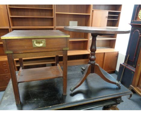 A campaign style leather topped lamp table fitted with a drawer together with a leather topped tripod table 