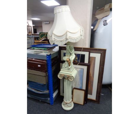 A figural table lamp with tassel shade on pedestal, two picture frames and three framed pictures 