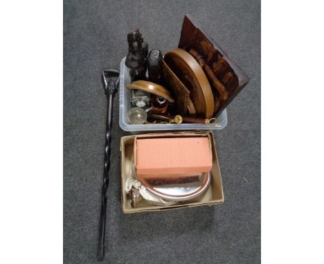 A box of wooden carvings, plaques, mantel clock, brass and copper ware, boxed communion set 