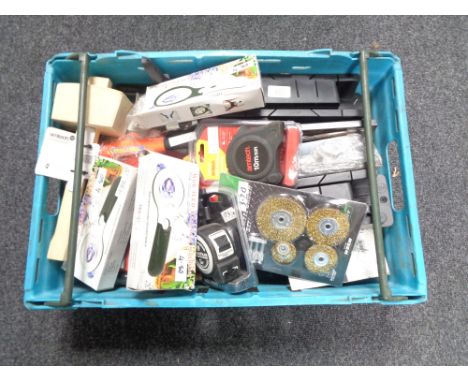 A crate of tools, drill bits, tape measures, wheel brushes etc 