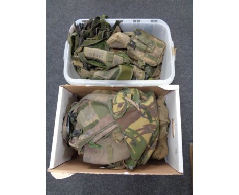 Two boxes of army webbing, pouches etc 